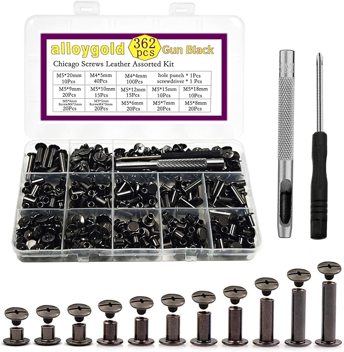 362 Pcs Chicago Screws with Punch and Screwdriver Leather Rivets 11 Sizes Assorted Screw Rivets for Decorate and Repair Leather Craft Belt Bookbinding Bag Shoes Purse Gun Black