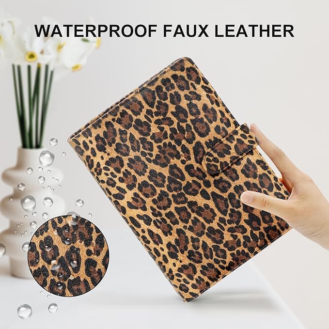 Convend A5/A6 Refillable 6 Ring Faux Leather Binder with Raised Leopard Texture,Mini Notebook Binder Cover for A5 Filler Paper,Loose Leaf Personal Planner Cover with Magnetic Buckle Closure(Leopard)