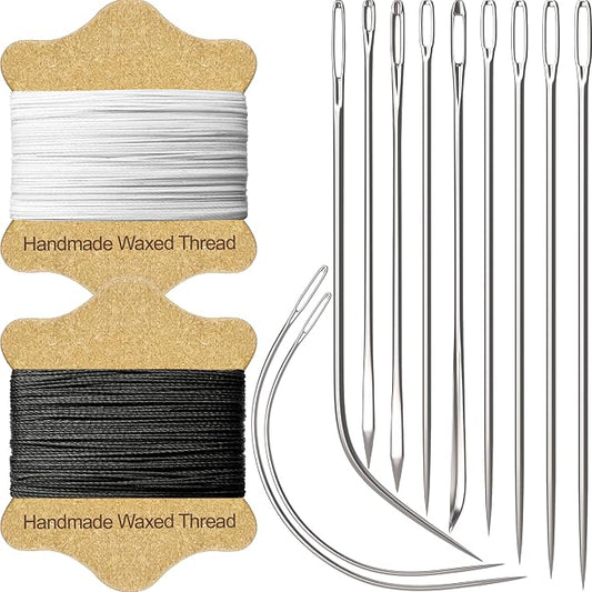 VONEEDL Upholstery Repair Kit: Waxed Sewing Thread (2 Colors: Black and White) & Heavy Duty Needles (11 PCS) for Leather, Canvas & Quilting Thread
