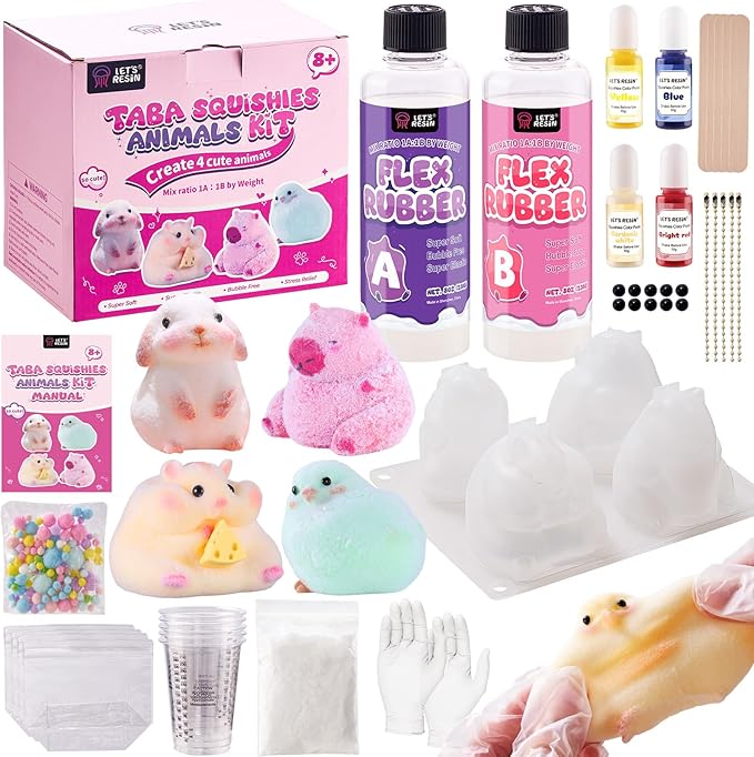 LET'S RESIN Flex Rubber for Taba Squishy Kit, All-in-one Beginner Kit for Squishy Maker, with 16oz Silicone Gel, Hamster/Capybara/Rabbit/Chick Silicone Molds, Color Paste, Flocking Powder, Ideal Gifts
