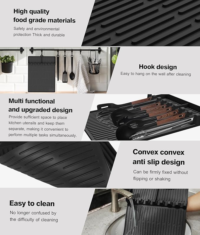 Silicone Grill Mat Compatible with Blackstone, BBQ Griddle Tools Mat with Drip Pad, Large Spatula Holder for Outdoor Kitchen Counter, Gifts for Men (Black)