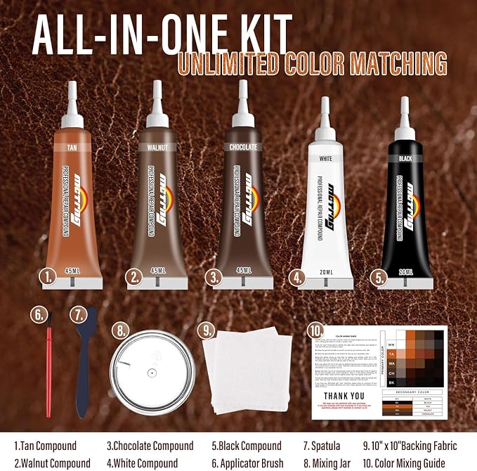 Leather & Vinyl Repair Kit for Couch, Furniture, Sofa, Chair, Car Seat | Brown Shades, No Skills Needed, for Cat Scratch, Tear, Crack, Hole on Faux Upholstery, Recliner, Purse, Shoes, Jacket, RV