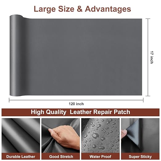 Leather Repair Patch,17X120 Inch Leather Repair Tape,Large Self Adhesive Leather Patches for Furniture, Couches,Car Seat,Chair Grey