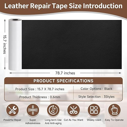 Black Leather Repair Tape, 15.7" x 78.7" Heavy Duty Large Vinyl Repair Patch, Waterproof Self Adhesive Leather Repair Kit for Fixing Holes & Scratches on Couch, Car Seat, Furniture
