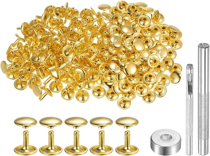 HARFINGTON 100 Sets Leather Rivets 12 x 12mm Metal Double Cap Rivet Snaps Studs Fasteners with 3pcs Setting Tools Rivets for Leather Craft DIY Repair Decoration, Gold Tone