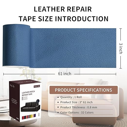 Leather Repair Patch Tape, Blue 3 x 61 Inches Self Adhesive Leather Repair Kit for Furniture, Car Seat,Vinyl Leather Repair Kit for Office Chairs, Couch, Sofa, Luggage