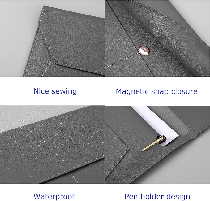 PU Leather A4 File Folder Document Holder with 3 Pockets Waterproof Stylish Envelope Folder Case with Snap Closure (Dark Gray)