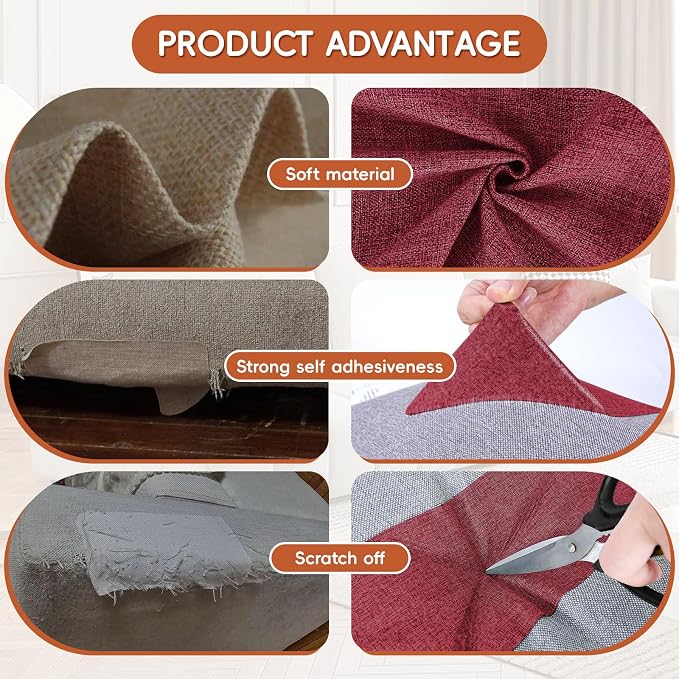 Linen Fabric Repair Tape 16x79 Inch, Self Adhesive Couch Patch Repair Fabric Tape for Furniture, Linen Patch Kit for Couch, Carpet, Upholstery, Chair, Sofa, Cushion, Bag (Burgundy)