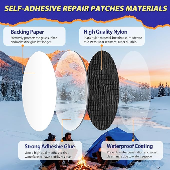 Down Jacket Repair Patch Kit, Outdoor Gear Tenacious Repair Tape, Self Adhesive Fabric Patches for Clothes, Waterproof Ripstop Nylon Fabric Patch for Puffer Jacket, Coat, Tent (18 Pcs, Dark Brown)
