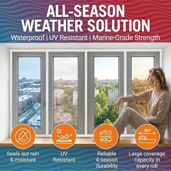 Window Sealing Tape White 2-Pack, 2 Inch x 100 FT Per Roll, Weather Seal for Windows, Doors and AC Units, Waterproof UV Resistant, Damage-Free Removal - Better Boat