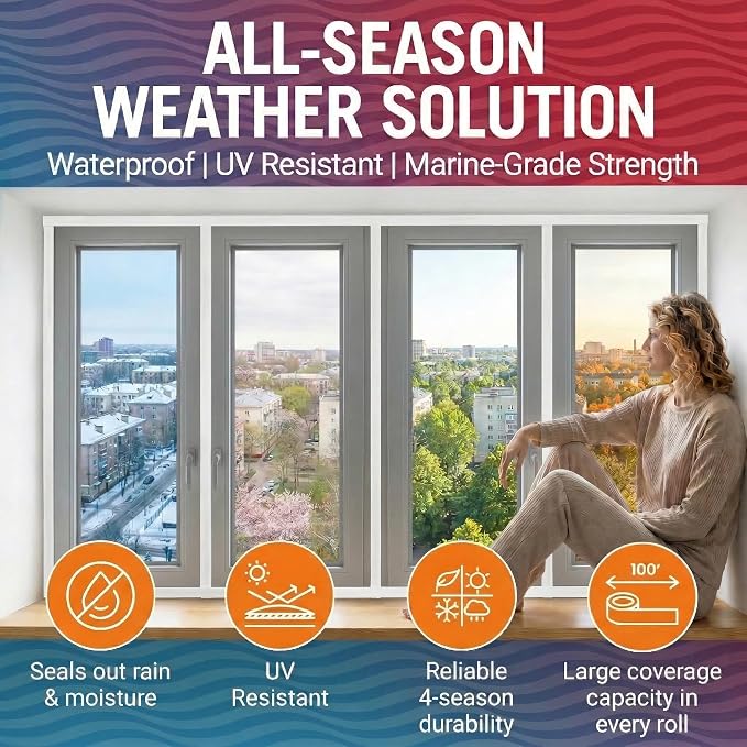 Window Sealing Tape White 2 Inch x 100 FT, Weather Seal for Windows, Doors and AC Units, Waterproof UV Resistant, Damage-Free Removal - Better Boat