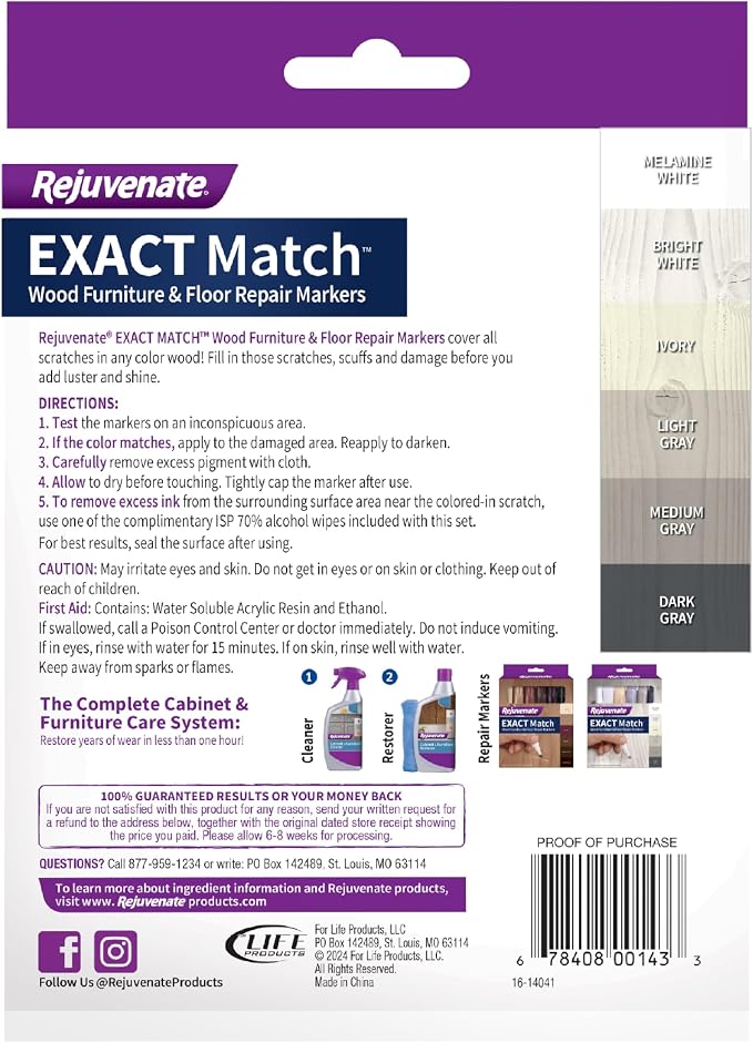 Rejuvenate Exact Match Wood Furniture & Floor Repair Markers, 6 Count, White/Gray Markers Cover All Scratches, Scuffs and Damage to Wood Furniture and Flooring
