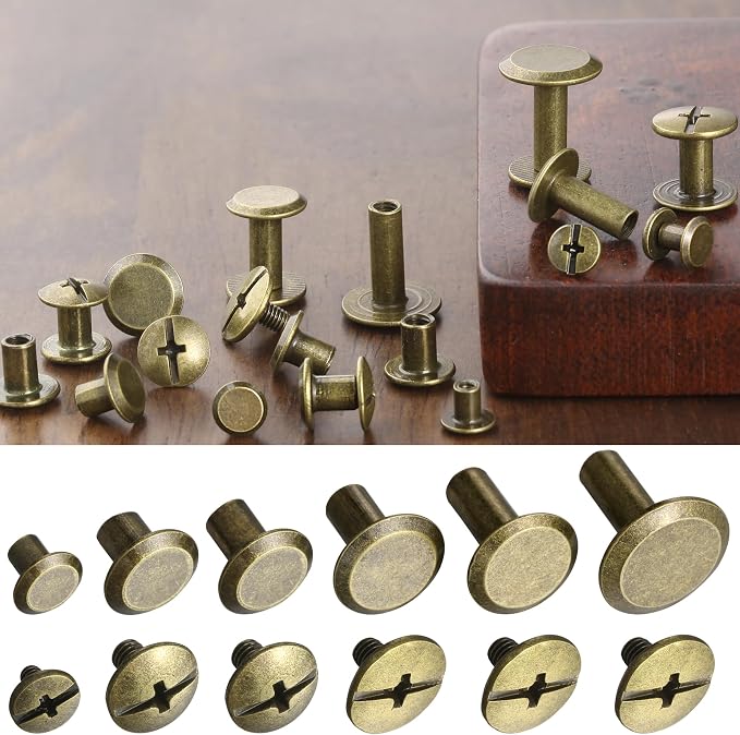 YORANYO 140 Sets Chicago Screws Leather Rivets Kit for Fabric Leather Crafting 6 Sizes Chicago Binding Screws for Decorate and Repair Belt Bag Shoes Purse Pet Collar Clothing Bookbinding (Bronze)