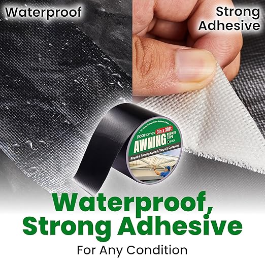 Awning Covers & Tarp Repair Tape - Waterproof Self Adhesive Patch Repair Kit | Patch Tapes for Awnings, Outdoor Canopies, Patio Window Awnings, Gazebos, Tents, RV, Canvas, Boat Covers (Black, 3 Inch)