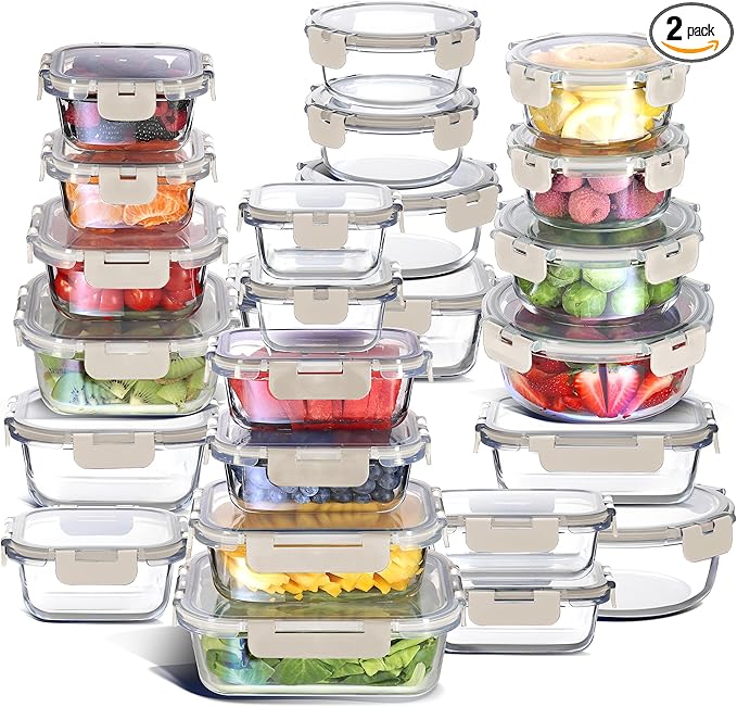 EATEX 48pc Glass Storage Containers with Lids, 24 Glass Food Storage Containers with 24 Airtight Lids for Pantry & Kitchen, Meal Prep Containers for Lunch, Oven Freezer Microwave & Dishwasher Safe