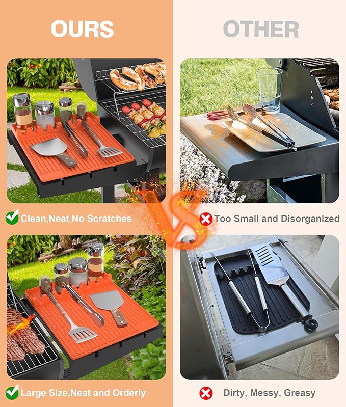 Silicone Grill Mat Compatible with Blackstone, BBQ Griddle Tools Mat with Drip Pad, Large Spatula Holder for Outdoor Kitchen Counter, Gifts for Men (Orange)