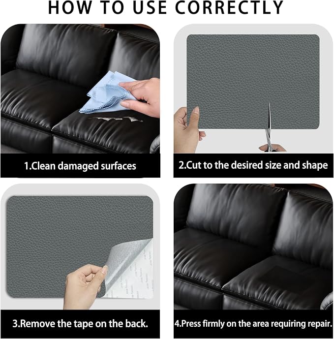 XSunLea Self Adhesive Leather Repair Patch,8x12 inch Vinyl Repair Kit,Leather Repair Kit for Furniture,Car Seat,Couch,Office Chair,2 Pcs Dark Gray