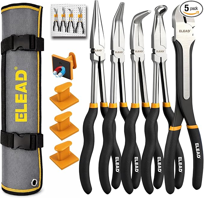 5-Piece 11 Inch Long Needle Nose Pliers Set with 4 Magnetic Plier Racks, Extra Long Reach Pliers Set, 45° & 90° Bent Needle Nose Pliers, Circle Nose and Diagonal Pliers for Tight Spaces