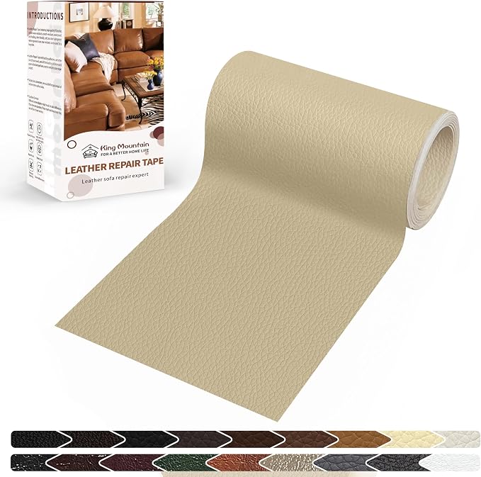 KING MOUNTAIN Leather Repair Patch,4 x 63 Inches self Adhesive Leather Repair Tape for Damaged Leather Furniture, Sofa Seating,Car Seats, Leather Goods（Medium Beige）