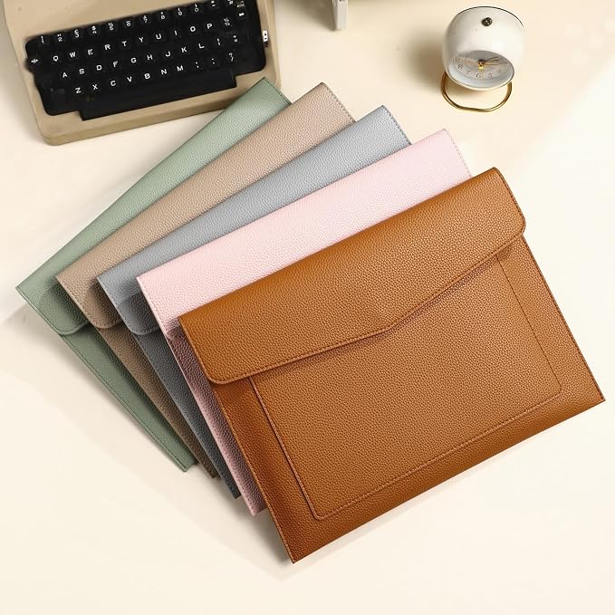 A4 Large Capacity Document Bag, Premium PU Leather File Holder, Multi-Color, Double-Layer Design, 13.39 x 10.04 Inches (Gray)