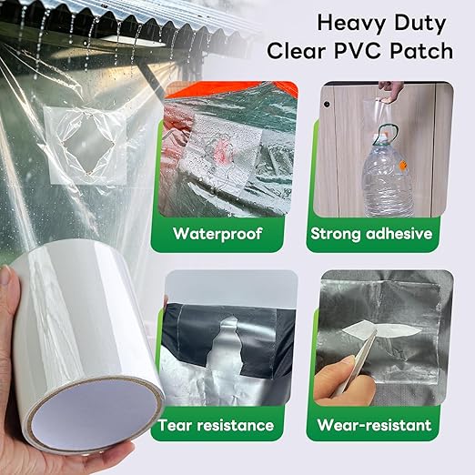 Birllaid Waterproof Clear Repair Tape Outdoor Heat Resistant Vinyl Patch Heavy Duty for Awning, Inflatable Pool, Air Mattress, Tarp,Tent, Duct, Rain Gear, 4 Inch x 10 Ft
