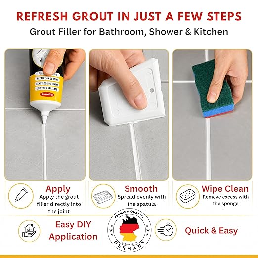 ISPAR Tile Grout Repair Kit – White Grout Filler 14 oz Value Size, Pre-Mixed Grout Repair Paste, Ready to Use Tile Joint Filler for Bathroom & Shower Tile, Spatula & Sponge
