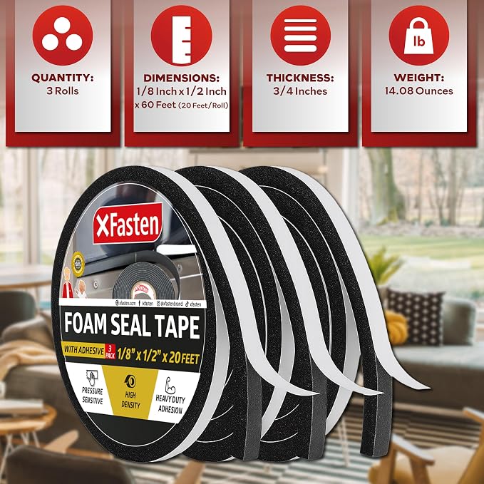XFasten Black Foam Seal Tape, Self-Adhesive, 1/8" Thick 1/2-Inch x 20-Foot (3-Pack), High-Density Weather Strip Tape for Window, Door Insulation, Neoprene Insulation Foam Tape