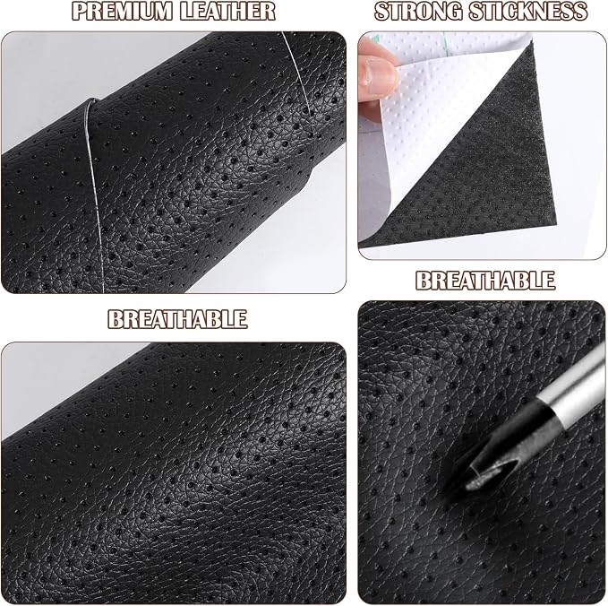 3Pcs Leather Patches for Car Seats, 8 x 12 Inch Breathable Self Adhesive Leather Patch Faux Perforated Black Leathers Patch for Couches, Car Seats, Chairs, Furniture