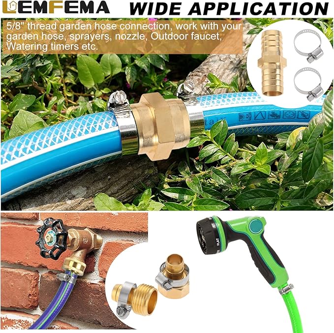 4 Sets 5/8 Inch Garden Hose Connector Repair Kit, Solid Brass Water Hose Coupling Splicer Mender Female and Male Hose Connector with Tape, Stainless Steel Clamp and Rubber Gasket
