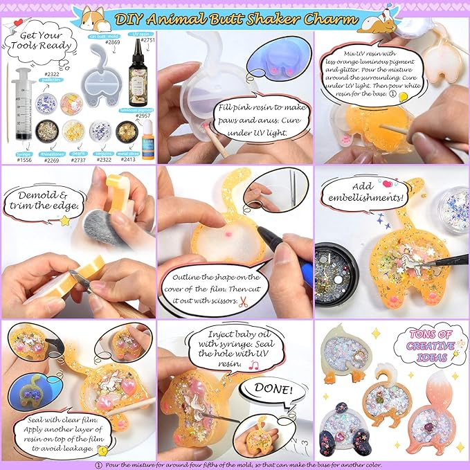 FUNSHOWCASE Animal Butt Resin Shaker Molds Set Keychain Charms Pendant Jewelry Making Supplies 25-Count, Silicone Trays, Seal Films, Key Chains