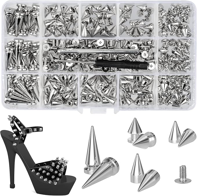360 Pcs Punk Spikes and Studs Kit, Multiple Size Cone Spikes for Clothes, Punk Rock Style Studs and Spikes for DIY Leathercraft Decoration, Suitable for Clothing, Dog Collars, Belts, Bags (15.53oz)