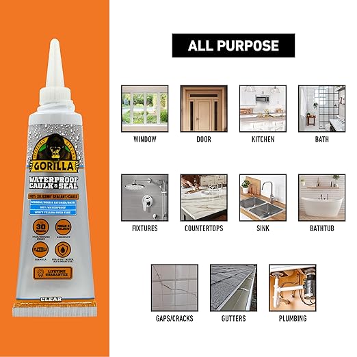 Gorilla 100% Silicone Caulk, Waterproof Sealant, 2.8oz Squeeze Tube (Pack of 1) – Clear -10 Year Mold Resistant Kitchen, Window, Bath, Marine, Door and More