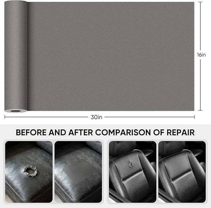 Leather Repair Tape,16 x 30 Inches Self Adhesive Leather Repair Patch，Leather Repair Kit for Furniture，Couches,Car Seats,Cabinets,Handbags(Grey)