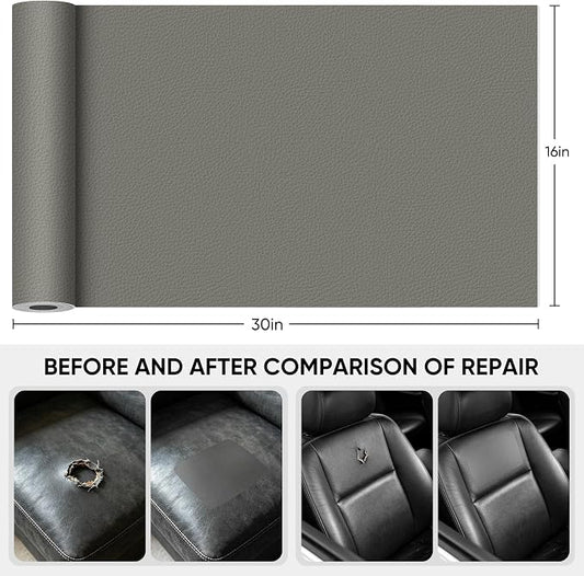 Leather Repair Tape,16 x 30 Inches Self Adhesive Leather Repair Patch，Leather Repair Kit for Furniture，Couches,Car Seats,Cabinets,Handbags(Grey)