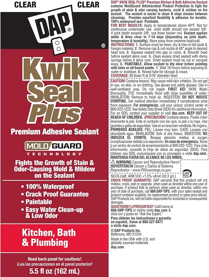 DAP Kwik Seal Plus Kitchen & Bath Adhesive Sealant, Clear, 5.5 Oz (7079818546)