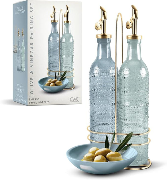 COOK WITH COLOR Glass Olive Oil Bottle Dispenser - 2 Pack- 17oz Oil and Vinegar Cruet - Olive Oil Carafe Decanter for Kitchen, Champagne Bubbles, Blue