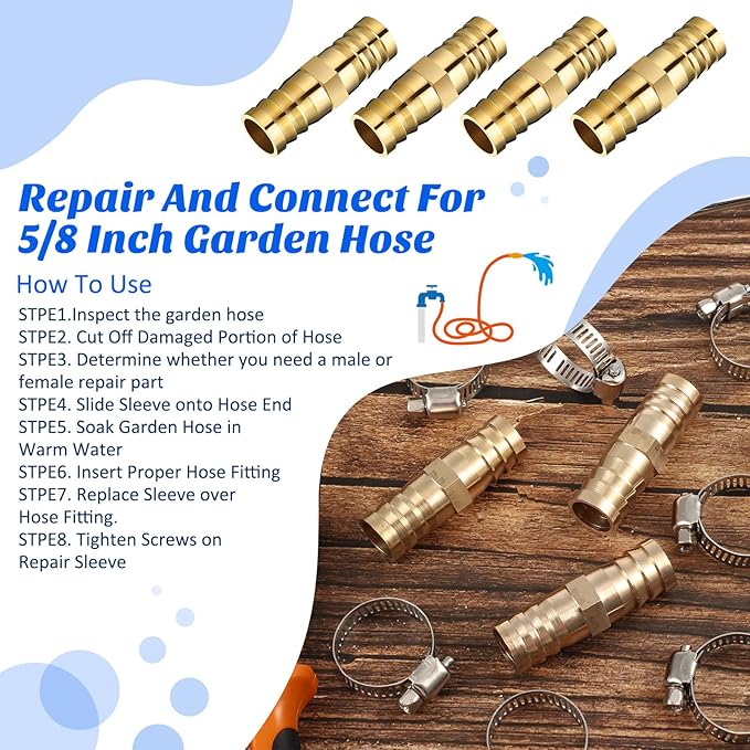 Zhengmy 12 Pcs 5/8-3/4 Inch Hose Repair Kit Brass Barb Fitting Garden Water Hose Repair Connectors with Claps Fiting with 8 Pcs Stainless Steel Pipe Clamp for Fuel Air