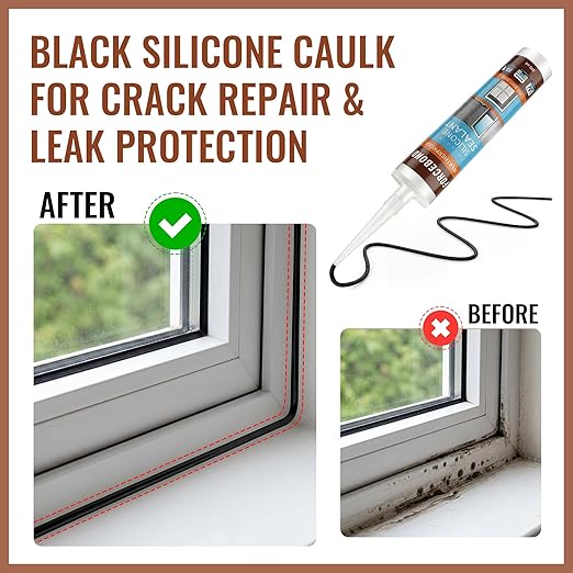 8 Pack Black Silicone Caulk, Neutral Black Caulking Waterproof, 10.1OZ Silicone Sealant for Filling Gaps and Cracks, Shower, Bathroom, Windows & Doors, Bathtub, RV, Pest Entry Blocking