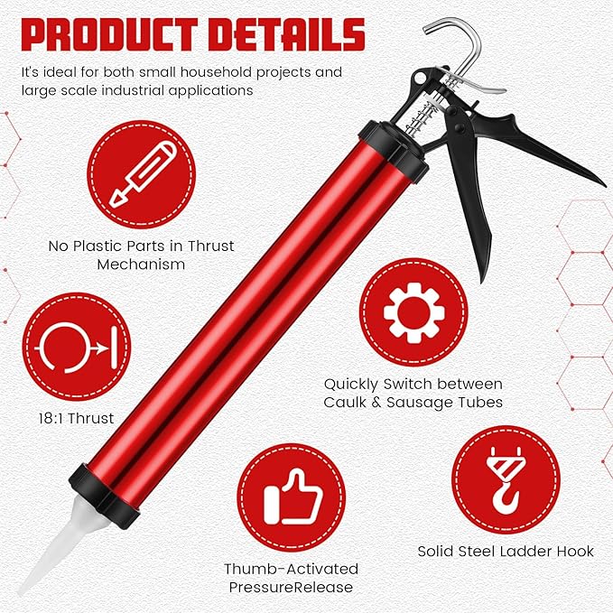 Lasnten 2 Pack Sausage Caulk Gun 20 oz Aluminum Cordless Sausage Caulking Gun with 4 Cone Nozzles, 18: 1 Thrust, Aluminum Sealant Hand Caulk Kit for Contractors (Red)
