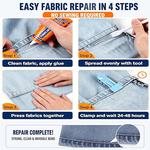 120 ML Fabric Glue Permanent for Clothing Repair, Washable, Dry Clear | no-sew fabric repair kits include craper & clamp for Patch, Clothes, Sewing, Denim, Leather, Polyester, Flannel, Cotton
