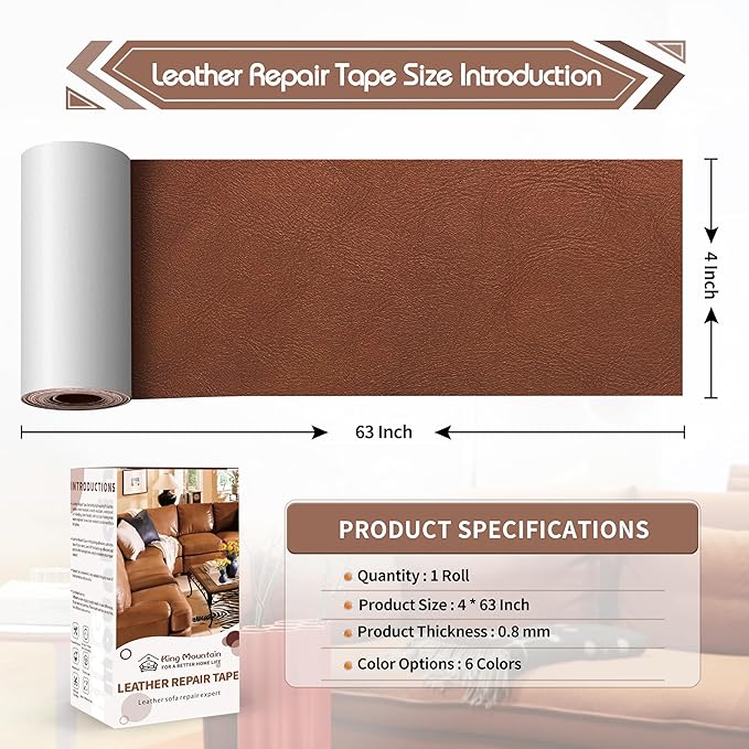 KING MOUNTAIN Leather Repair Patch,4 x 63 Inches self Adhesive Leather Repair Tape for Damaged Leather Furniture, Sofa Seating,Car Seats, Leather Goods（Classic Brown）