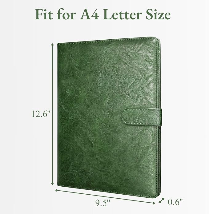 Mymazn Padfolio, Portfolio Folder, Legal Pad Holder, Resume Folder | Faux Leather Binder with Document Organizer, Business Card Holder, Letter-Size Notepad for Interview, Men & Women, Green