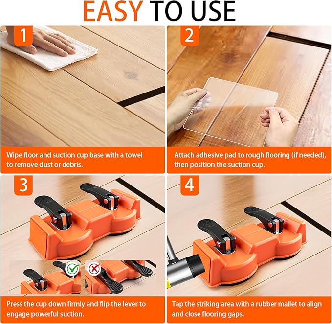 Floor Gap Fixer Tool - Dual Suction Cup Plank Grabber Floor Fix Pro - Orange Heavy Duty Laminate Floor Gap Repair Tool with 10 Sticky Pads for Vinyl Wood Plank Flooring