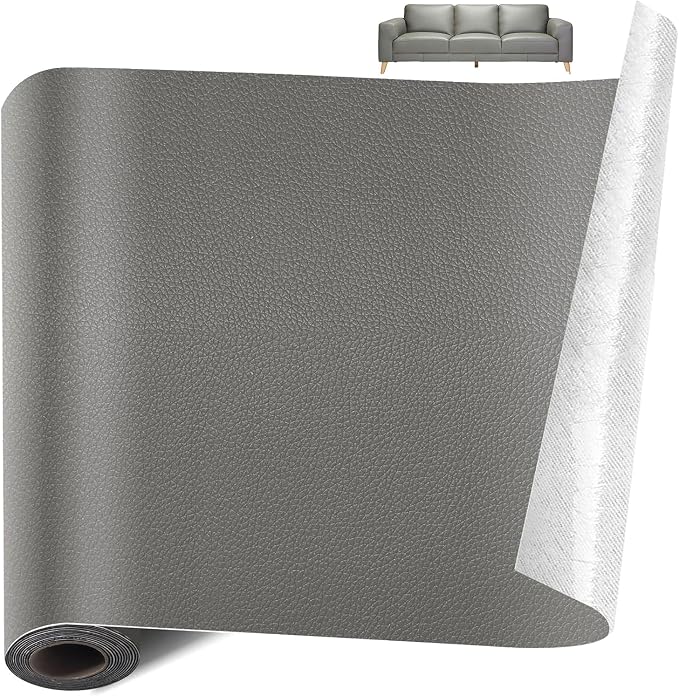 Leather Repair Kit for Furniture, 16x118 inch Self Adhesive Leather Repair Patch for Couches, Chairs, Car Seats, Cabinets, Handbags, Waterproof and Wear-Resistant Vinyl Repair Kit, Grey