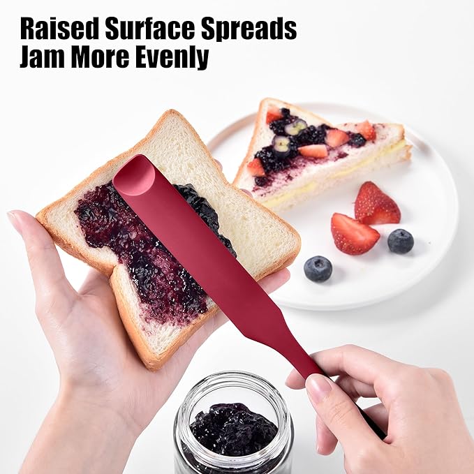 Doosu Silicone Jar Scraper Spatula, 600°F Heat Resistant Rubber Scraping Tool for Jam Nut Butter Sourdough, Flexible Skinny Cream Spreader Long Slim Kitchen Spurtle for Jar Blender Bottle (Red)