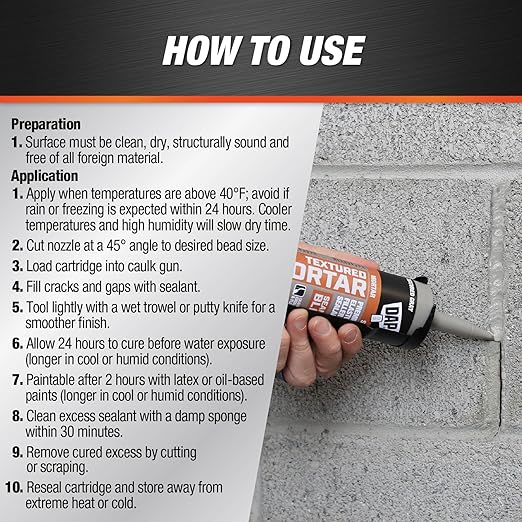 DAP Textured Mortar Premium Elastomeric Latex Filler & Sealant, Gray, 10.1 Oz (7079810082)