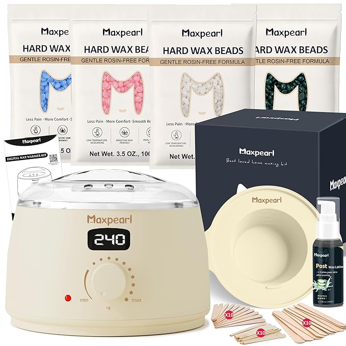Maxpearl Rosin-Free Waxing Kit for Women Men - Sensitive Skin Friendly, Digital Wax Warmer with Silicone Pot, At Home Hair Removal Kit for Eyebrows, Brazilian, Underarms, Bikini & Full Body
