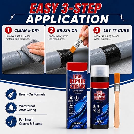 Leak Repair Cream with Brush, Black Waterproof Sealant, Flexible Patch and Sealant for Small Cracks, Gaps, Seams, Roof Edges, Gutters, Pipe Exteriors, Walls, Window Edges, Indoor Outdoor Repair