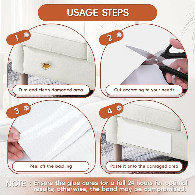Linen Fabric Repair Tape 2 Pcs 8x12 Inch, Self Adhesive Couch Patch Repair Fabric Tape for Furniture, Linen Patch Kit for Couch, Carpet, Upholstery, Chair, Sofa, Cushion, Bag (White)