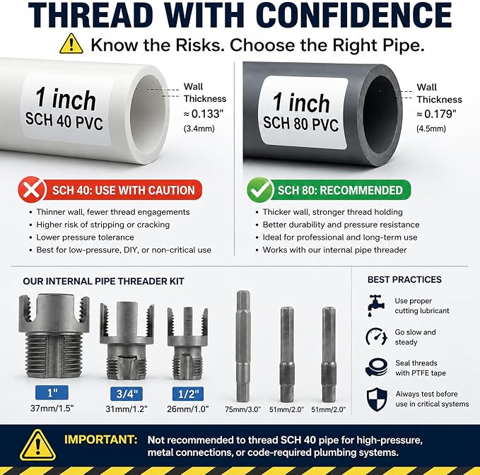 KIMPOK PVC Pipe Threader Tool Set, NPT Dies for 1/2, 3/4, 1 in Pipe | Heavy duty carbon steel NPT dies with 1/4 hex shank, internal pipe wrench and 2 seal tapes for drill powered PVC repair